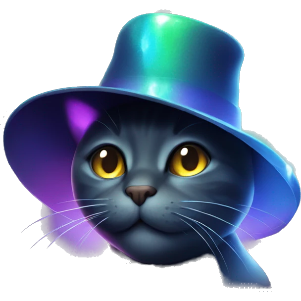 Dark iridescent cat glowing wearing a hat emoji