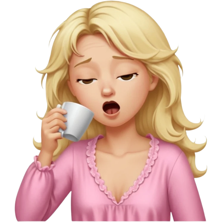 A blonde woman in a pink nightgown yawns, looking sleepy with dark circles under her eyes, drinking coffee, looking like she just woke up emoji