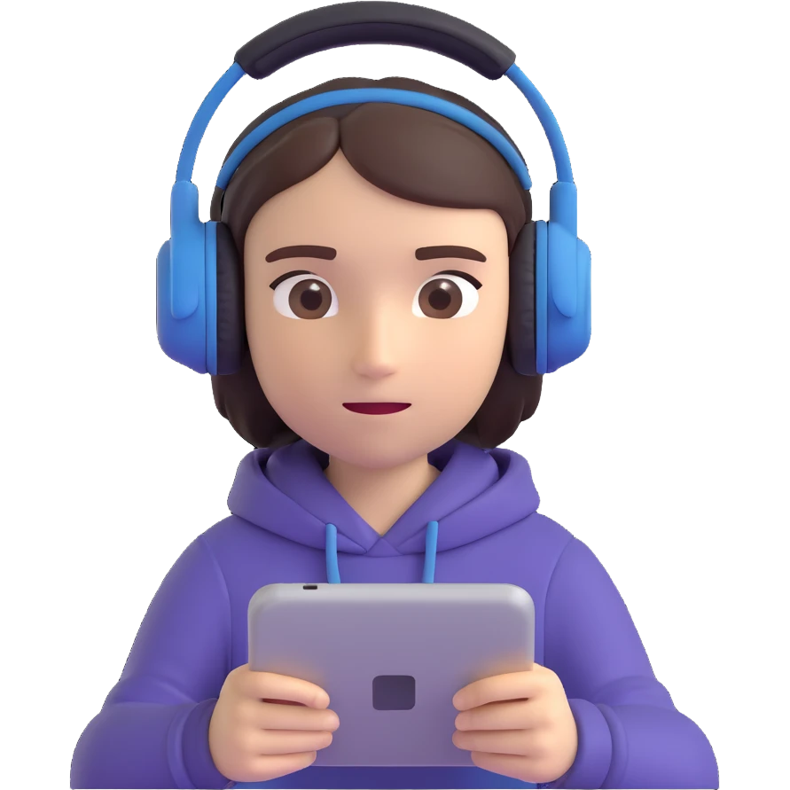 3D emoji style portrait of a student during an online exam, showing concentration, wearing headphones, with a digital device in front emoji
