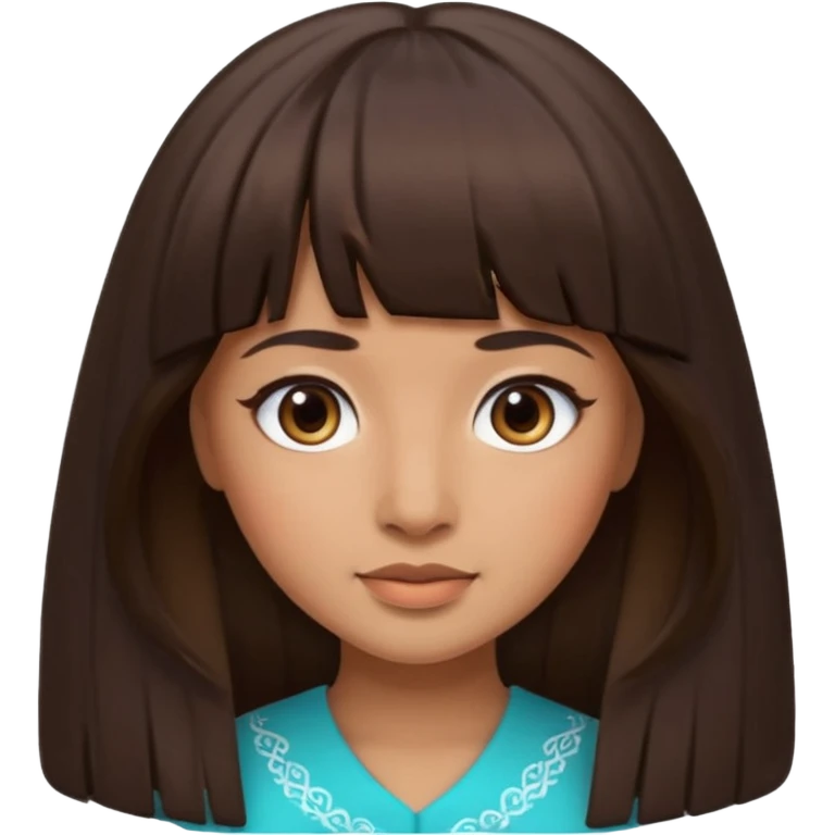 In Apple Memoji format, a girl with dark brown hair. She has bangs and her hair is long. The girl has light brown skin and arab ethnic features emoji