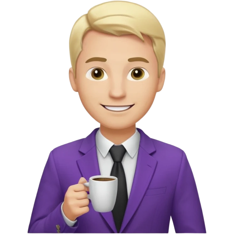 Confident and outgoing male entrepreneur, Caucasian features, blonde hair, big friendly smile, expressive eyes, defined eyebrows, wearing a purple blazer over a black shirt, holding a smartphone in one hand and a coffee cup in the other, waist-up, front-facing emoji