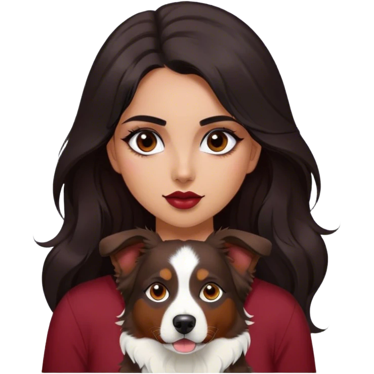 One latina girl with long beautiful dark hair and dark eyes in a dark red v neck and makeup with a black brown and white tri Australian shepherd large emoji