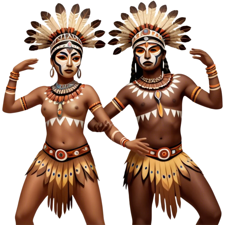 Cinematic Realistic scene of two indigenous dancers performing an Aboriginal Corroboree, adorned in intricate traditional body paint and ceremonial attire, captured in fluid motion with earthy tones and vibrant, cultural lighting emoji