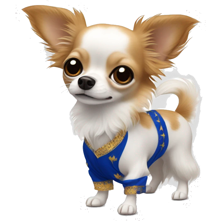 Long-haired white Chihuahua with reddish brown markings wearing royal blue pajamas emoji