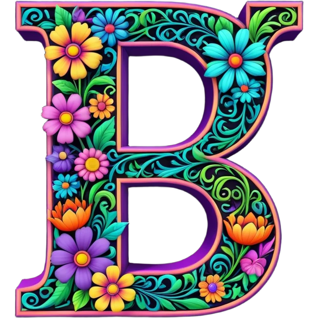 3D, gothic style psychedelic colored Letter D with hippie style flower border emoji