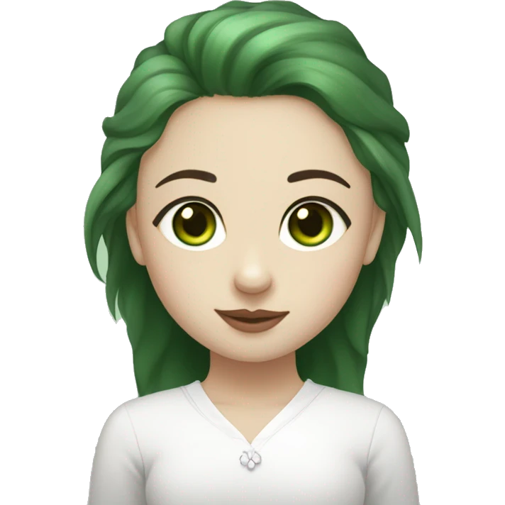 white spitz with green eyes in the arms of a girl. the girl has dark hair, light strands near her face. green eyes, wide eyebrows emoji