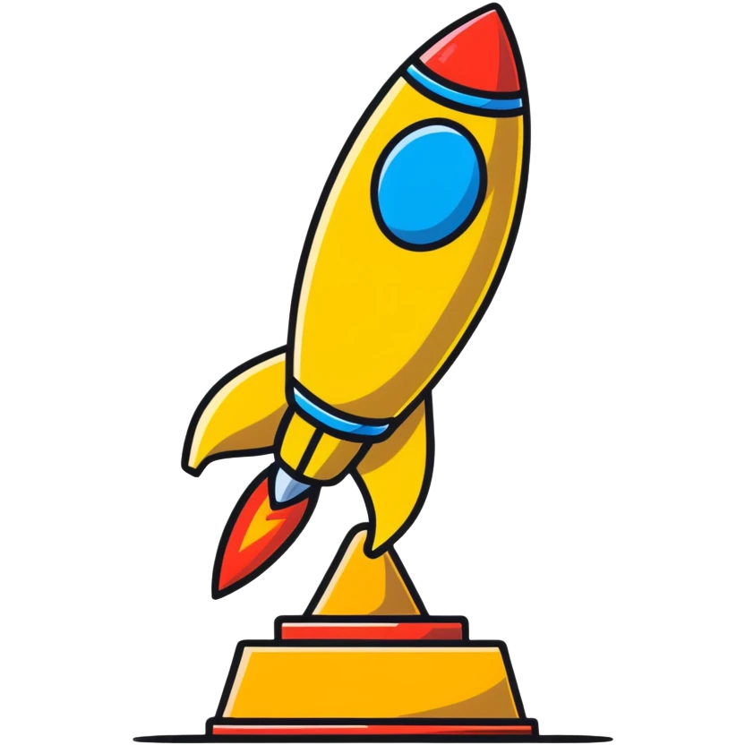Golden rocket achievement award, shiny gold rocket on a trophy stand emoji