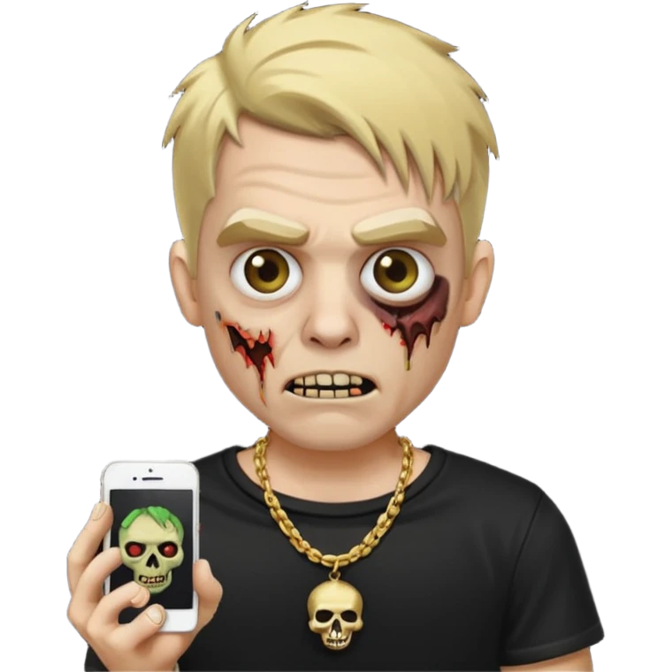 make a iphone emoji who is a zombie man with medium blonde hair with light brown roots, with a black punk shirt and a golden neckless emoji
