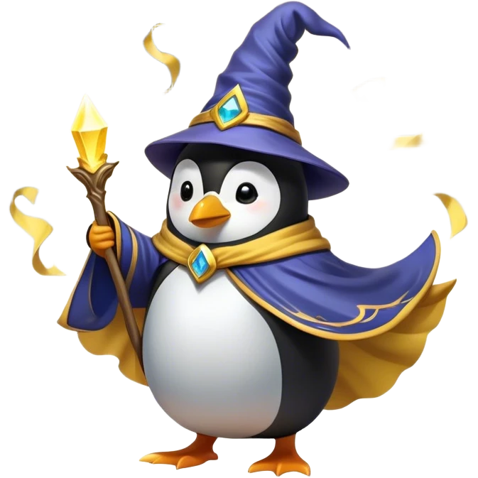"A wizard penguin with a yellow hat and a long, flowing cape. The penguin is floating slightly above the ground, surrounded by swirling magical energy and glowing runes in the airyellow wizard hat emoji