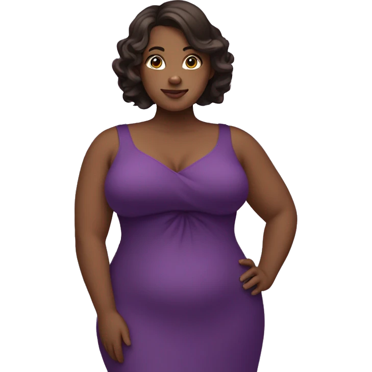 curvy woman holding chest, dark brown hair, purple dress emoji