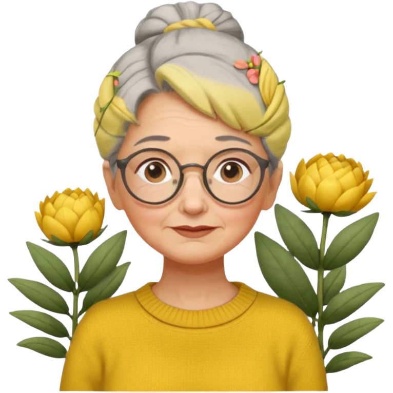 Abuela con cabello canoso en moño, expresión tierna, gafas redondas, suéter amarillo y detalles relacionados con plantas. Estilo amable y acogedor. emoji