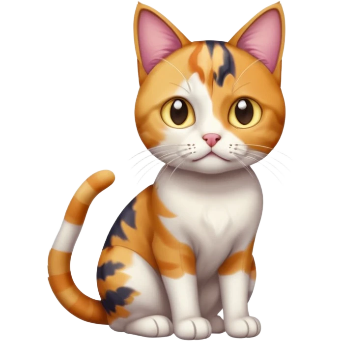full body colourful calico tabby cat with disproportioned head with an anxious face and white front legs emoji