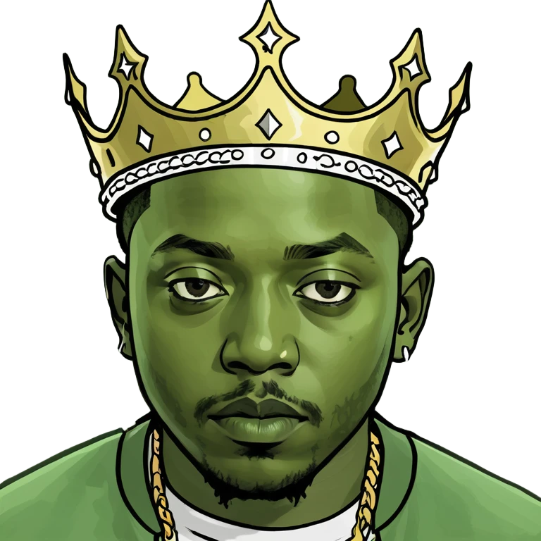 Peepo emoji of Kendrick Lamar as a king, cute face, royal crown, joyful and expressive emoji