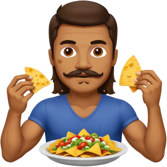 ripped guy with his shirt off and long hair and mustache eating nachos emoji