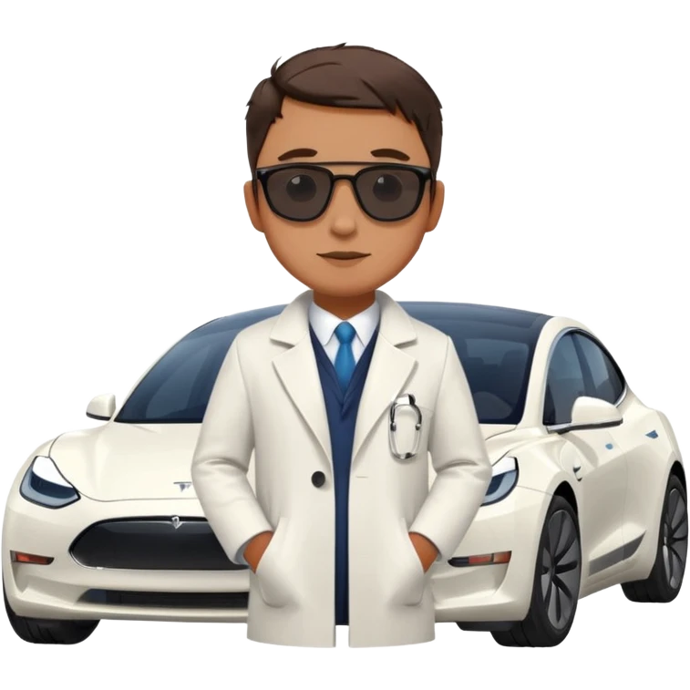 White tesla model 3 with a physician with sunglasses next to it emoji