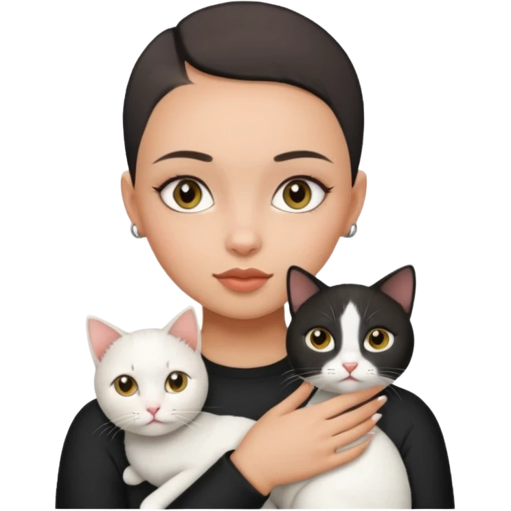 HAZEL EYES , BLACK BLACK BLACK BUZZ CUT LIGHT SKIN ROUND FACE GIRL HOLDING 1 WHITE CAT emoji
