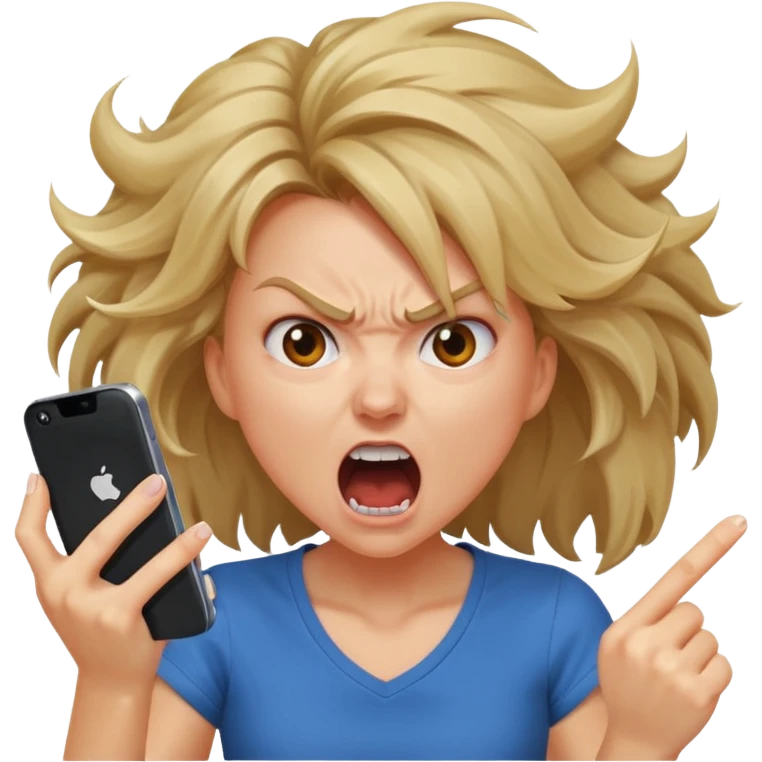 furious girl yelling into a smartphone, intense facial expression, energetic emoji