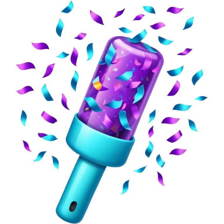 glowing confetti popper emoji, purple and cyan colors, emitting confetti and sparkles, vibrant celebration atmosphere emoji