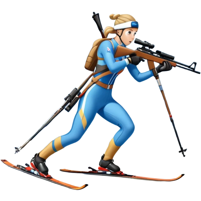 An icon featuring snow-covered trees, distant mountains, and a clear blue sky with a biathlete in motion, holding a rifle and skiing across a snowy course. Transparent background highlights the precision, endurance, and excitement of biathlon. emoji