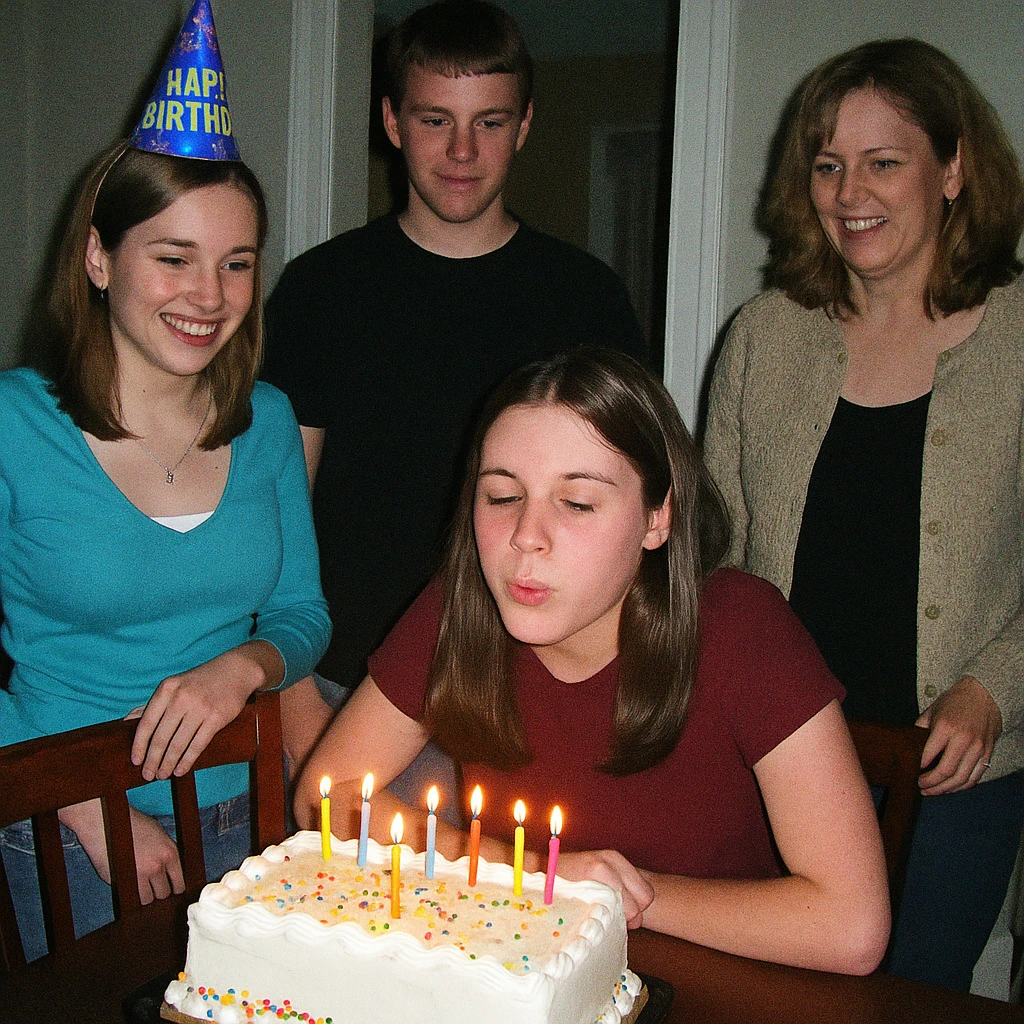 early 2000s digital camera style photograph of a birthday party, low quality, harsh flash, visible noise, candid moment, people around a cake emoji