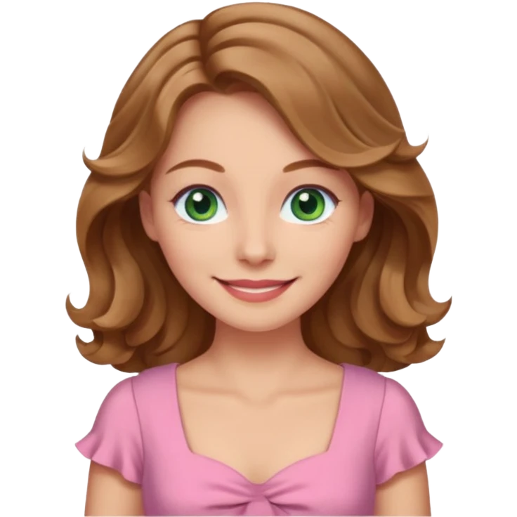 A woman has beige skin, wavy light brown hair, green-blu eyes, she wears pink dress  emoji