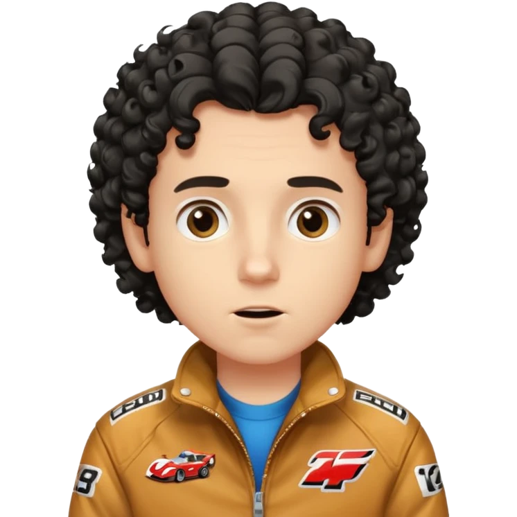 White Boy with curly black hair shoulder length wearing a race car jacket modern looking into the camera with amazement  emoji
