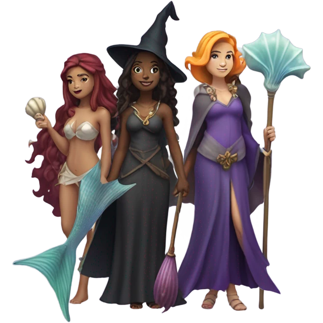 A group of 5 friends, consisting of a female witch, a female wizard, a male merman, a female fairy, and a female siren emoji