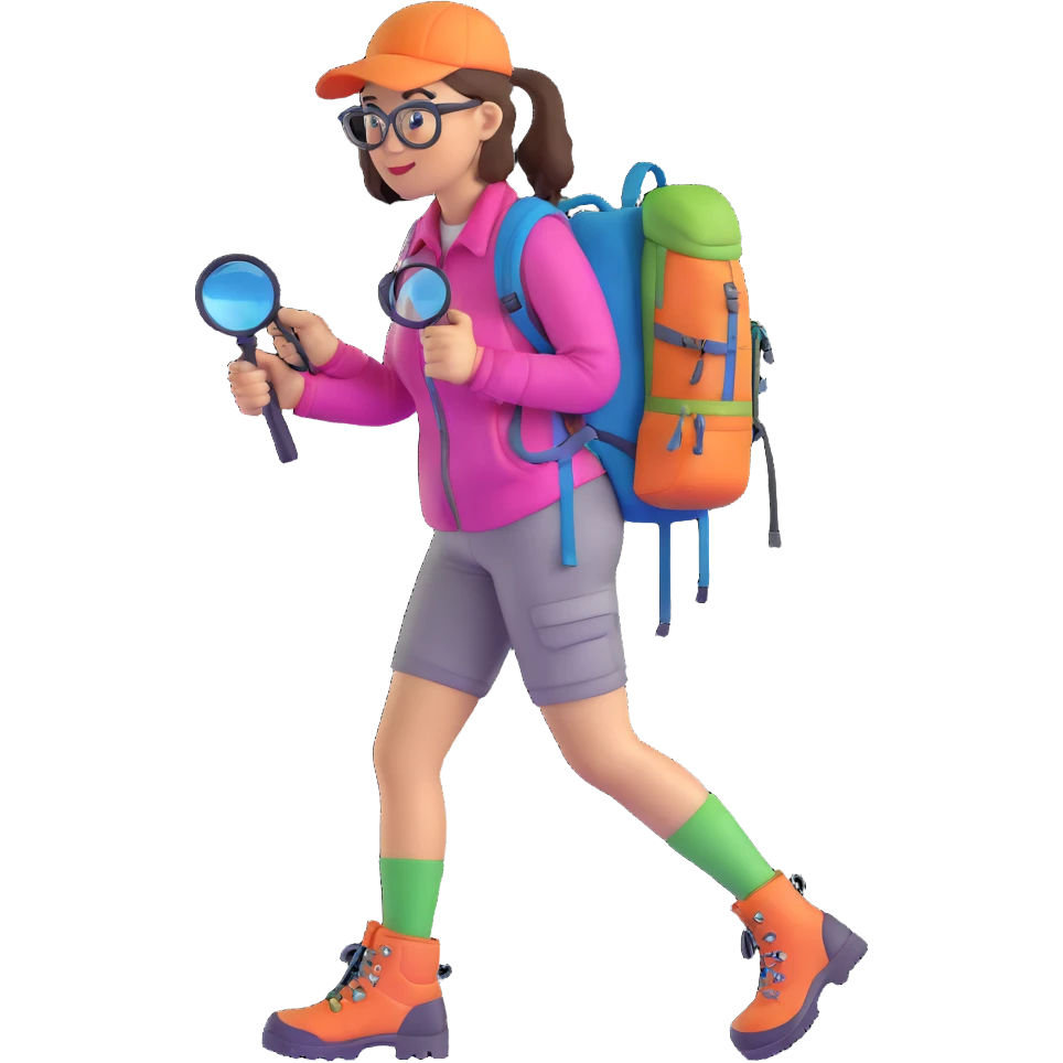 Happy energetic woman in her late 30s with glasses wearing colorful sporty outfit, hiking boots, and backpack, examining with a magnifying glass emoji