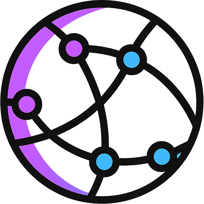 minimalist abstract icon of a global internet network, circular web of neon violet and blue lines connecting points, radiating from center, on white background, designed for clarity at small size emoji
