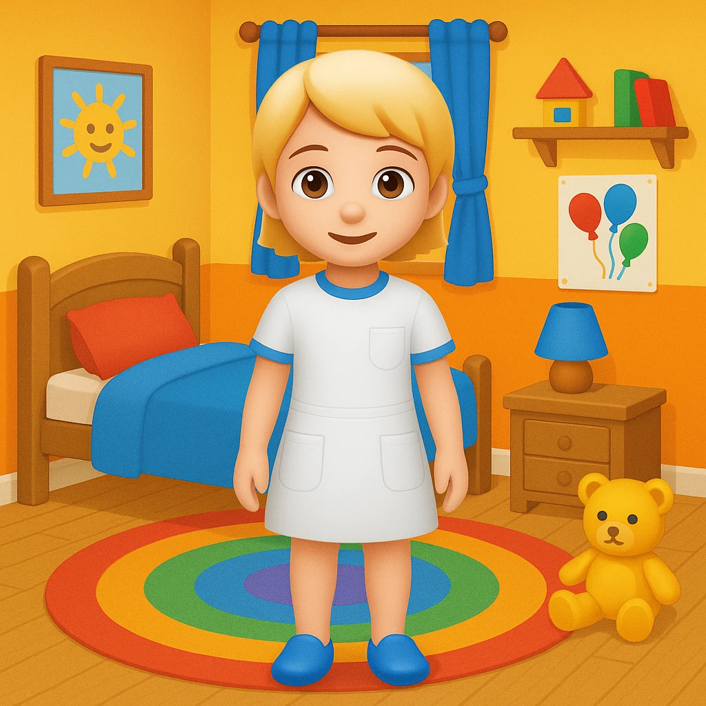 Add a colorful bedroom background with bright walls, playful decorations, and a cozy rug. Keep the room tidy and inviting in emoji style emoji