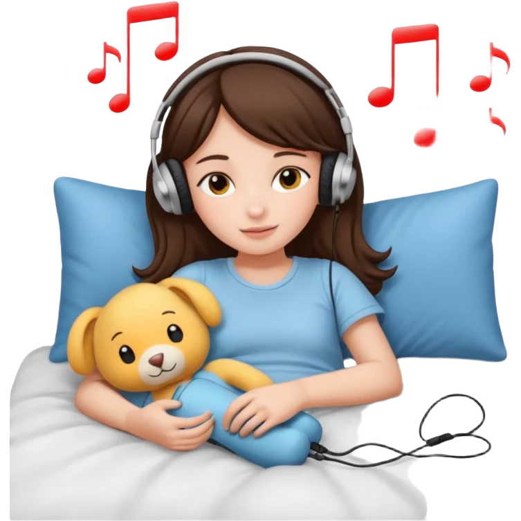 Girl lying on bed comfortably listening to music with wired earphones, holding a plush toy emoji