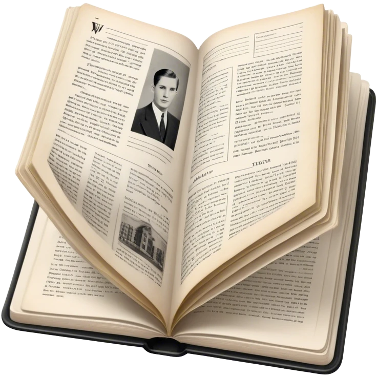 Icon for Non-Fiction & Narrative Reading: an open book with historical facts and narrative text on the pages, featuring black-and-white photos, news clippings, and an open folder with top-secret documents. Transparent background. emoji