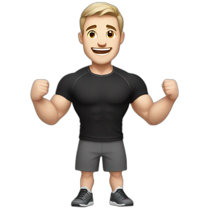 Joyful Celebrating victory Pale skinned Fit Man With the biceps and dark brown hair in black shirt, gray sports shorts and white Sneakers emoji