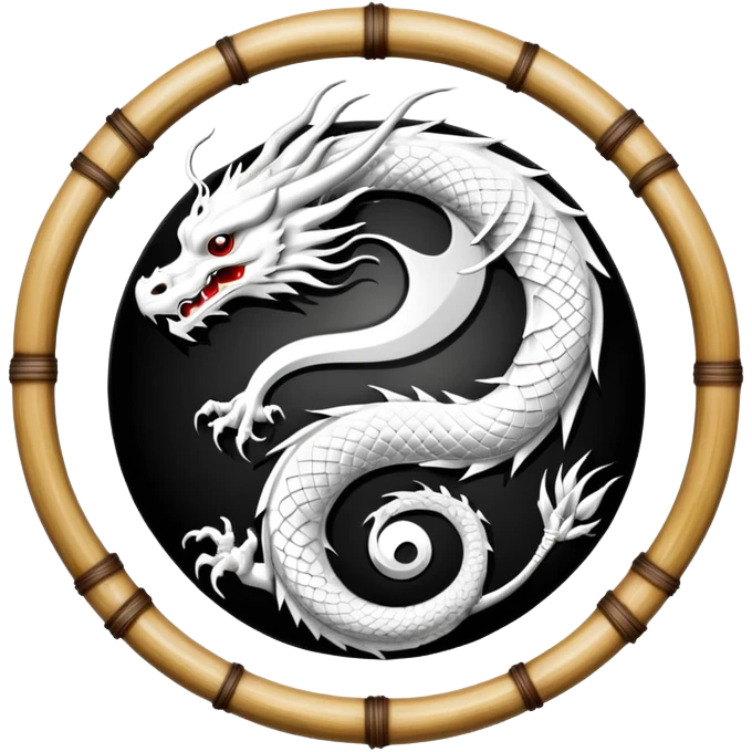 An icon symbolizing Eastern martial arts in the style of an emblem, with a black-and-white Yin-Yang symbol at the center. A dragon is placed on either side, representing strength and wisdom. The design includes bamboo and traditional elements. Transparent background emoji