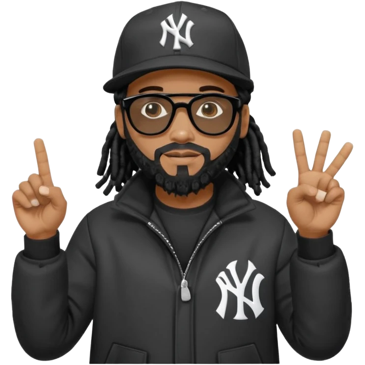 African American man with shoulder length black dreadlocks with black beard wearing black sunglasses wearing a New York Yankees logo baseball cap wearing a dark black bubble winter coat hand pointing out emoji