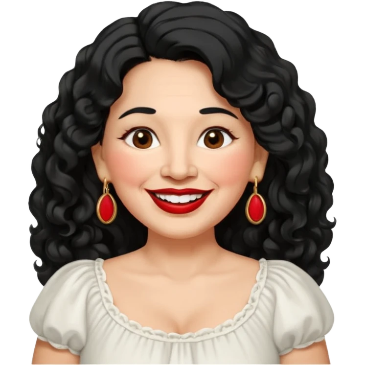 60 yr old Mexican woman, slightly chubby, wavy/curly long black hair, red lipstick, big smile, white teeth, brown eyes, hoop earings, side part to hair, round face, pretty white dress, hair side swept, big hoop earing emoji