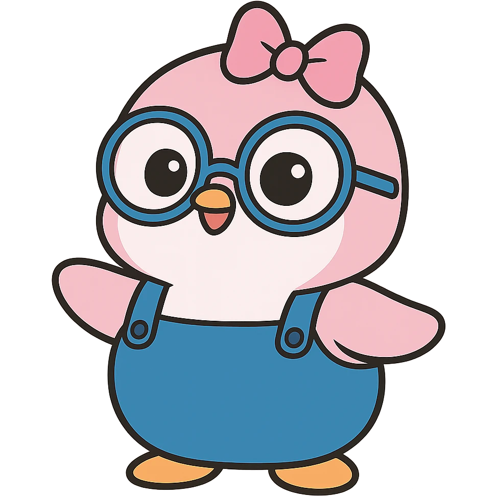 Create a pink genius girl penguin inspired by the reference image. The penguin should be round and pink, wearing big blue glasses and blue overalls, with a pink bow on her head. She should have a cute and clever expression in a cartoon style. The background should be transparent. emoji
