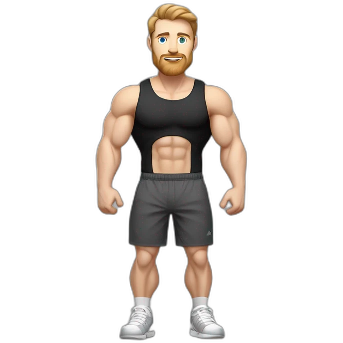 Full height Pale skinned fit man With biceps, Realistic eyes and mouth, light brown hair and stubble In dark gray sleeveless mike, black oversize sports shorts, watch and white sneakers. emoji