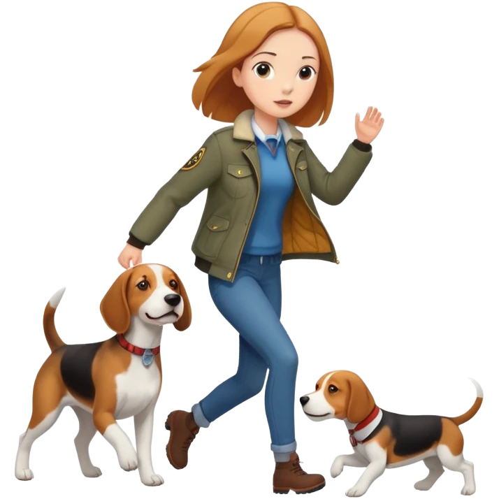 A beautiful tall girl with fair skin wearing a jacket chasing a beagle emoji