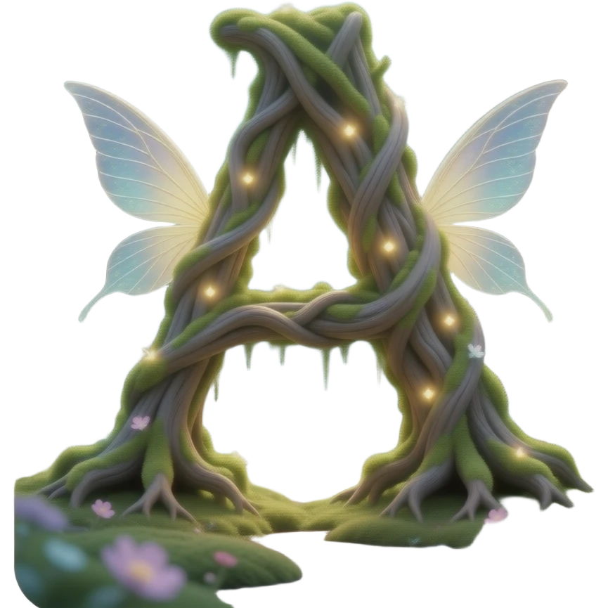 A beautifully crafted letter 'A' made entirely of glowing, intertwined enchanted tree roots and luminescent white moss, delicate fairy wings attached to the sides, ethereal sparkling light dust trailing behind, set in a deep magical forest setting, soft pastel magical lighting, 3D intricate design emoji