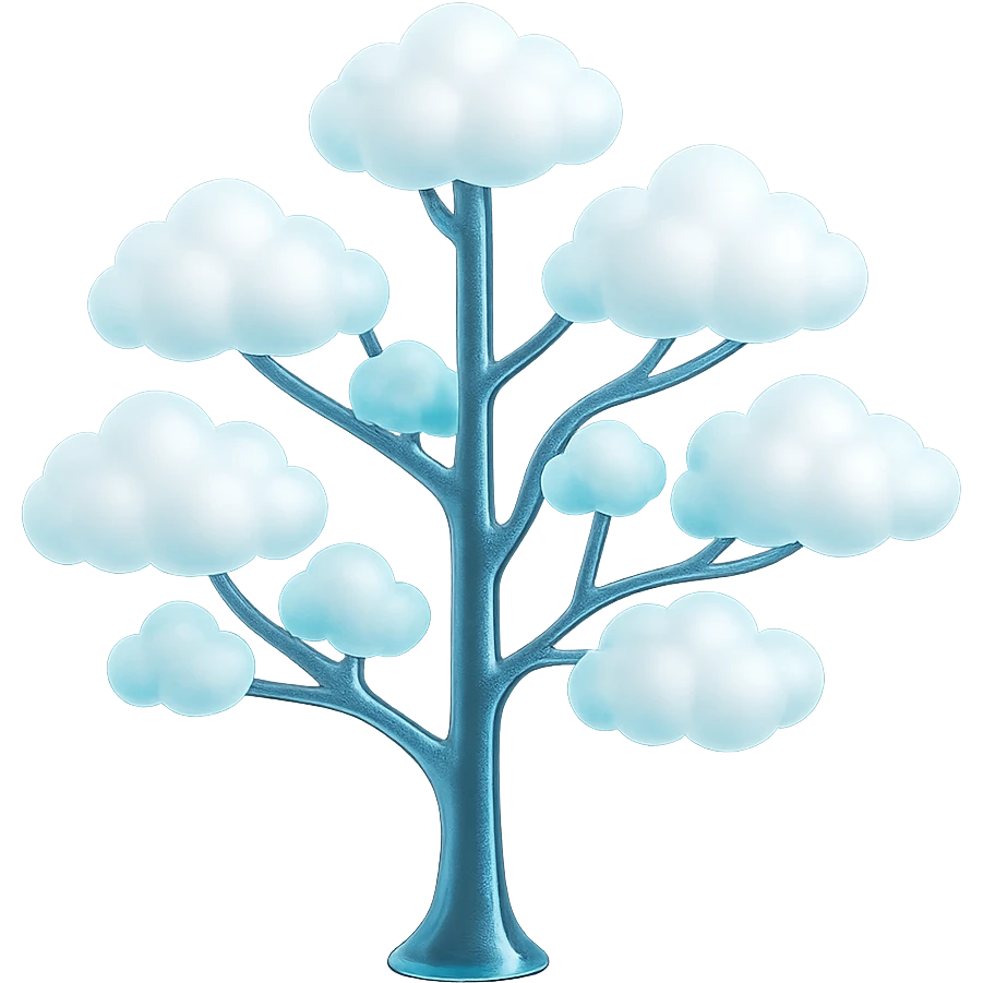 one tree with many branches, each branch covered with many small, very bright white, fluffy, convex clouds, matte glass style, saturated color, minimalism emoji