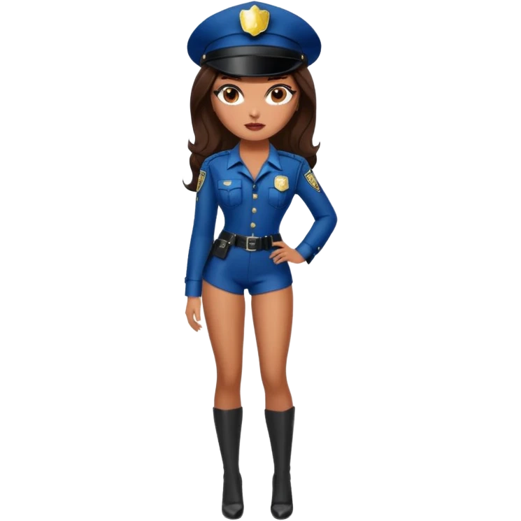 A sexy bratz girl. with caramel skin. Dark brown hair and brown eyes. She has freckles. Wearing sexy makeup. Dressed as a sexy cop. wearing lingerie. black heels on emoji