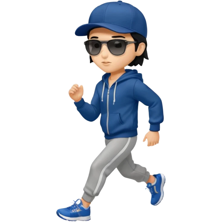 generate a fair pretty bratz boy wearing a dark blue baseball cap with black sunglasses and a grey hoodie jogging

hair black  emoji