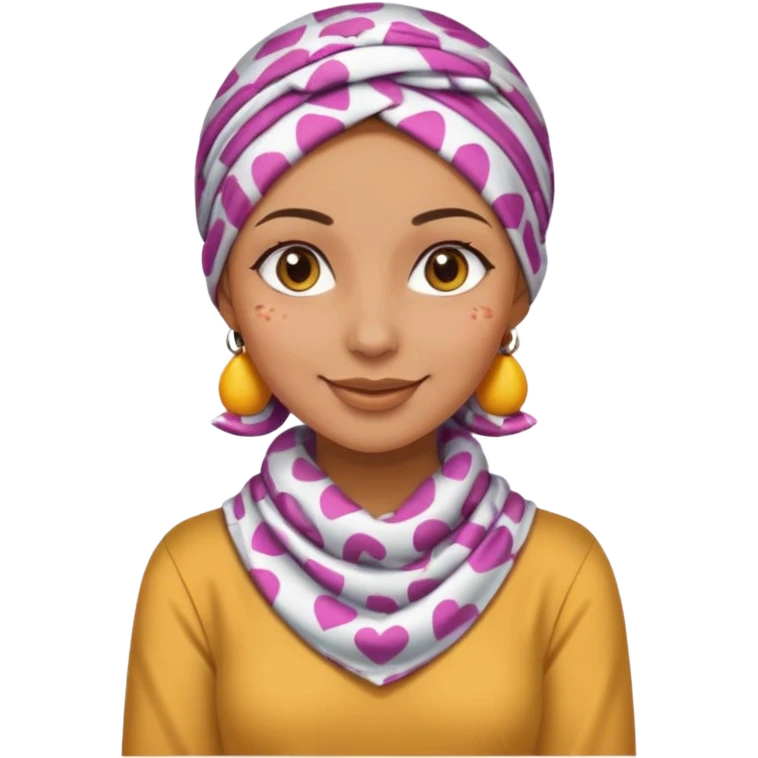 tanned skin woman with a patterned headscarf, makeup, and a long sleeve shirt covering shoulders and arms, emoji style emoji