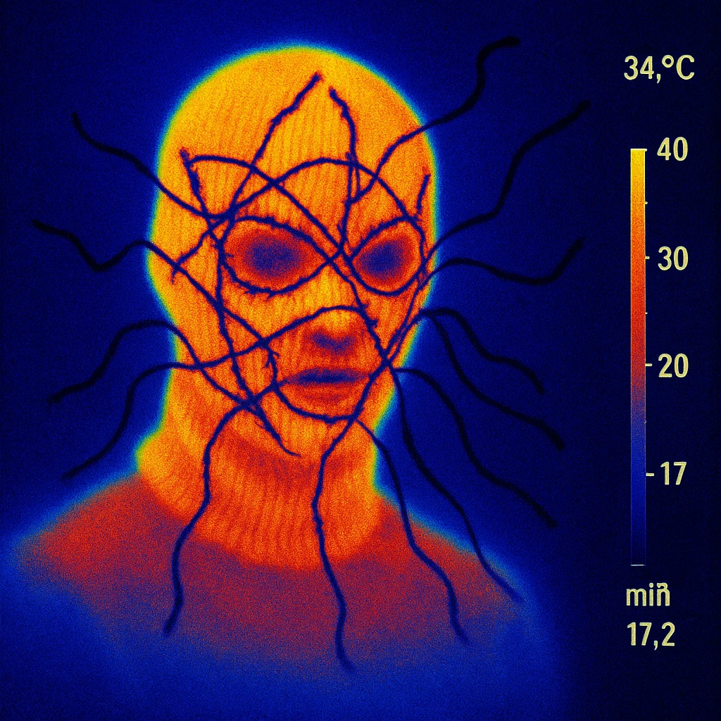 The mask is a full-head, white knitted balaclava with a tight ribbed texture. It features two asymmetrical eye openings and a partially exposed mouth area. Black thread is stitched across the surface in chaotic, abstract lines that trace facial features, giving a hand-drawn effect. Several black cords extend outward from the mask, varying in length and direction, adding a sculptural, almost organic appearance. The overall look is bold, handcrafted, and visually striking. emoji