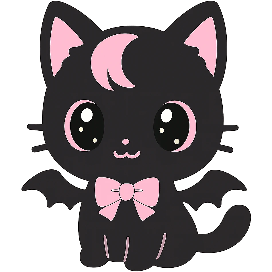 kawaii style magical gothic cat inspired by BLACKPINK, adorable face, black fur with pink highlights, big eyes, tiny bat wings, fun and stylish emoji