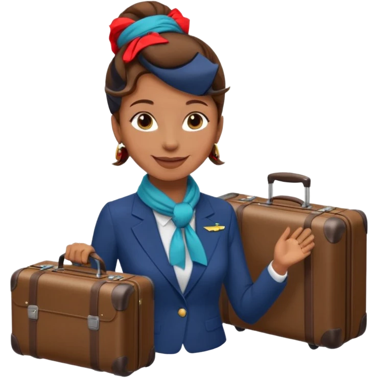 flight attendant, Light Brown skin, brown hair in single bun, neck scarf, suitcase emoji
