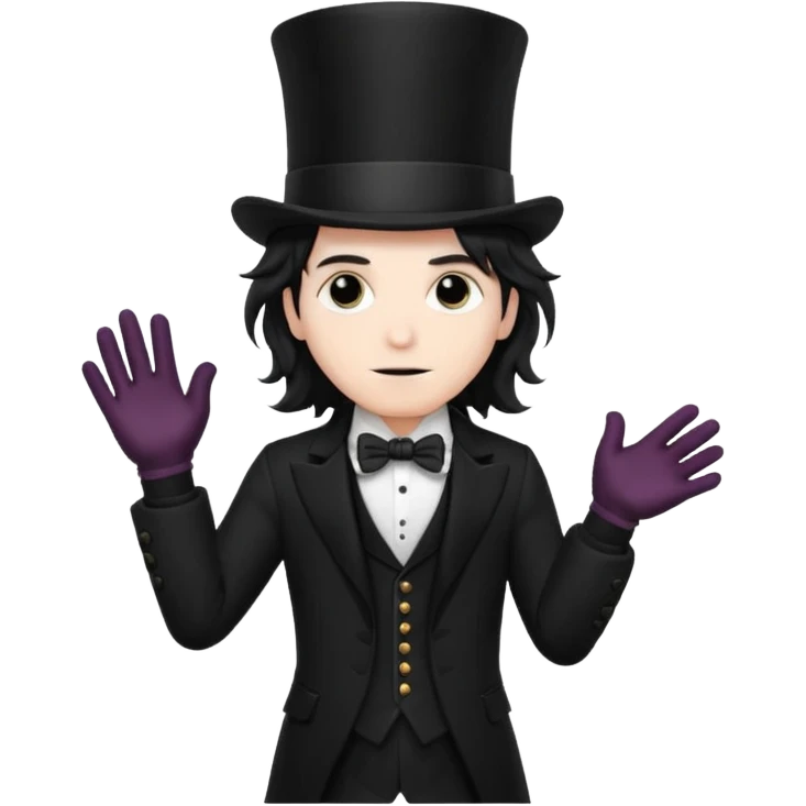 Male Goth with Top Hat
 Wavy shoulder-length hair, white skin, black suit and gloves, pale skin tone. emoji