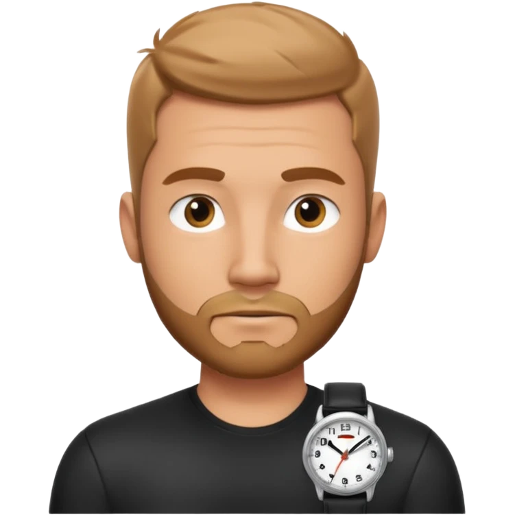 bearded man wearing a black strap watch portrait, head and shoulders only, oval face, short beard, relaxed confident look, black leather strap watch visible, 3D cartoon, mobile game icon style, clean background, no text, no watermark
 emoji
