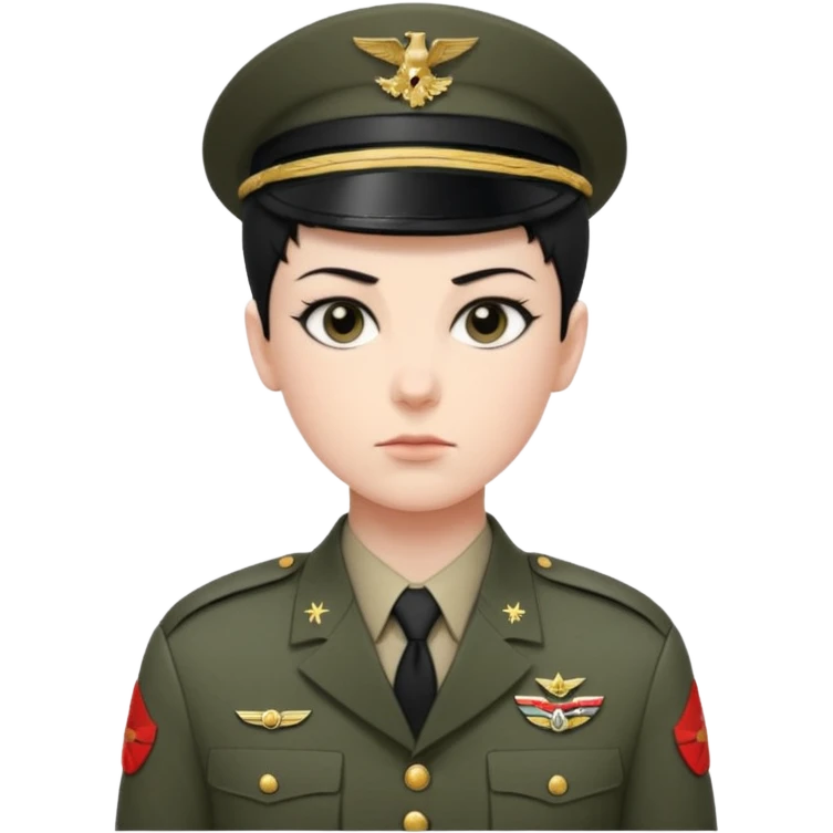 short black neat hair, sharp dark gray eyes, pale skin, serious expression, wearing military uniform, upright posture, minimal accessories, sharp and precise styleDog wizard emoji